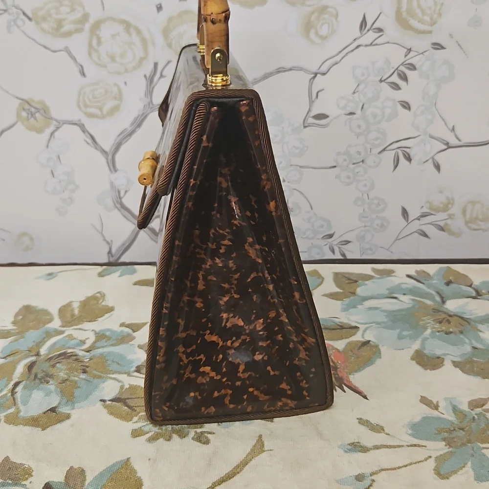 Chic Brown Patterned Satchel with Bamboo Handle - Picture 11 of 11